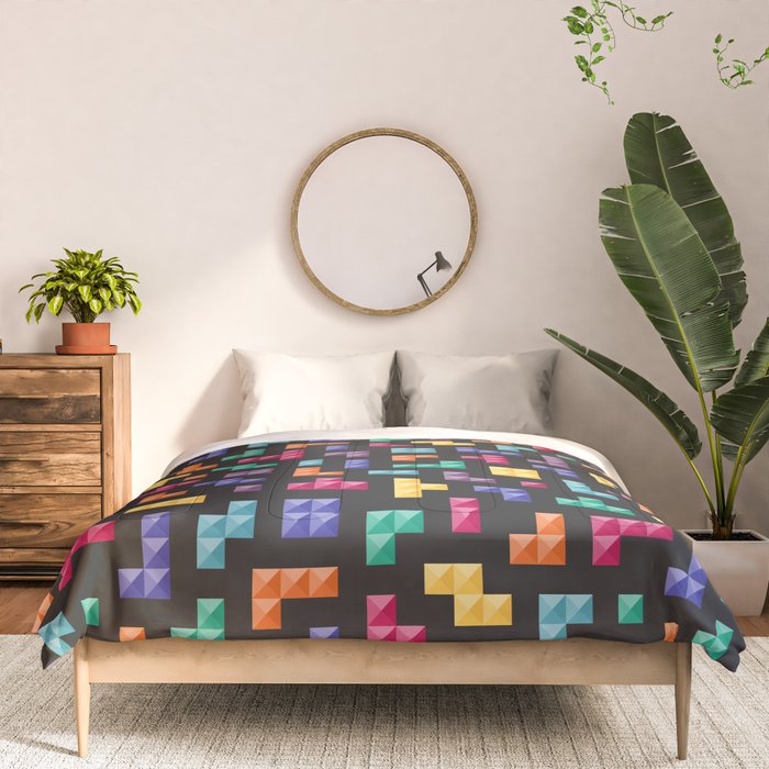 Tetris bricks jewel tones on black pattern Comforter Gallery Image 3