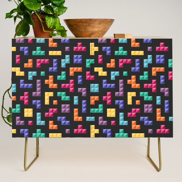 Tetris bricks jewel tones on black pattern Credenza Gallery Image 1