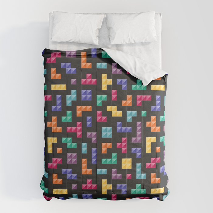 Tetris bricks jewel tones on black pattern Comforter Gallery Image 1