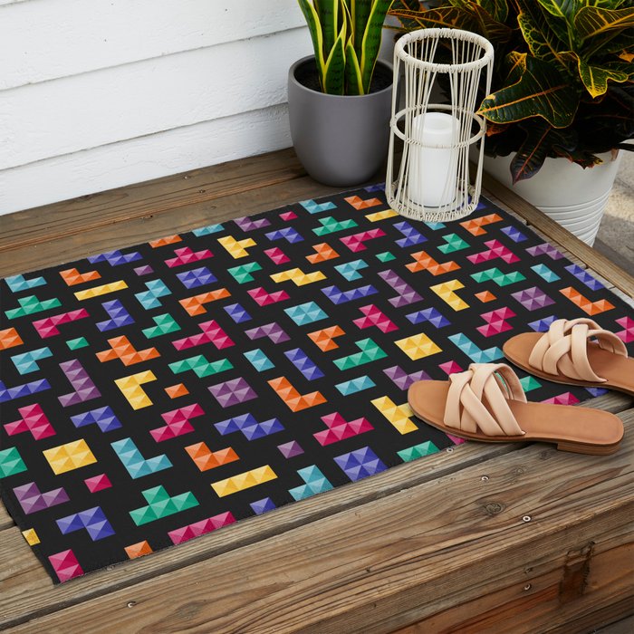 Tetris bricks jewel tones on black pattern Outdoor Rug Gallery Image 2