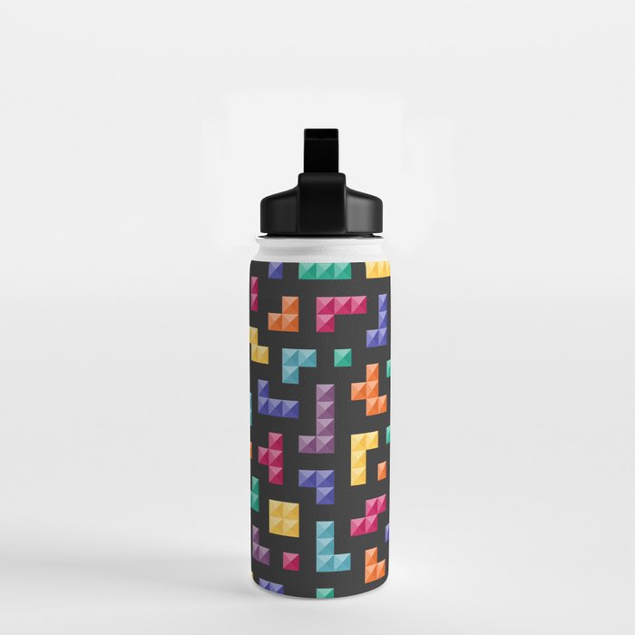 Tetris bricks jewel tones on black pattern Water Bottle Gallery Image 2