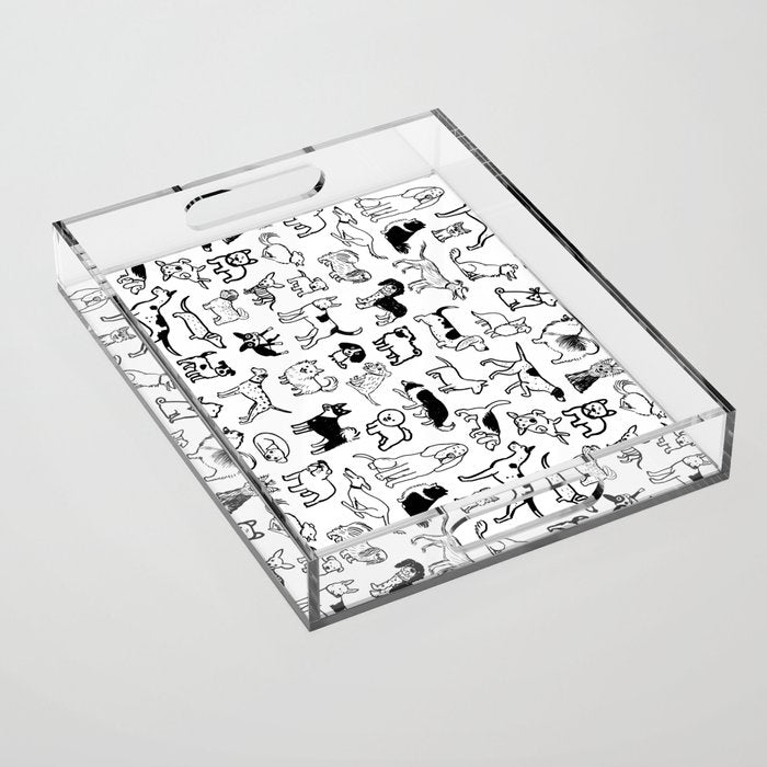 Black and White Dog Drawings | Cute Dog Breeds Pattern Acrylic Tray Gallery Image 1