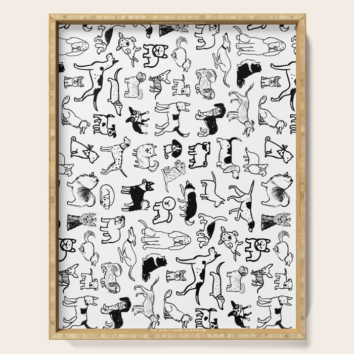 Black and White Dog Drawings | Cute Dog Breeds Pattern Serving Tray Gallery Image 1