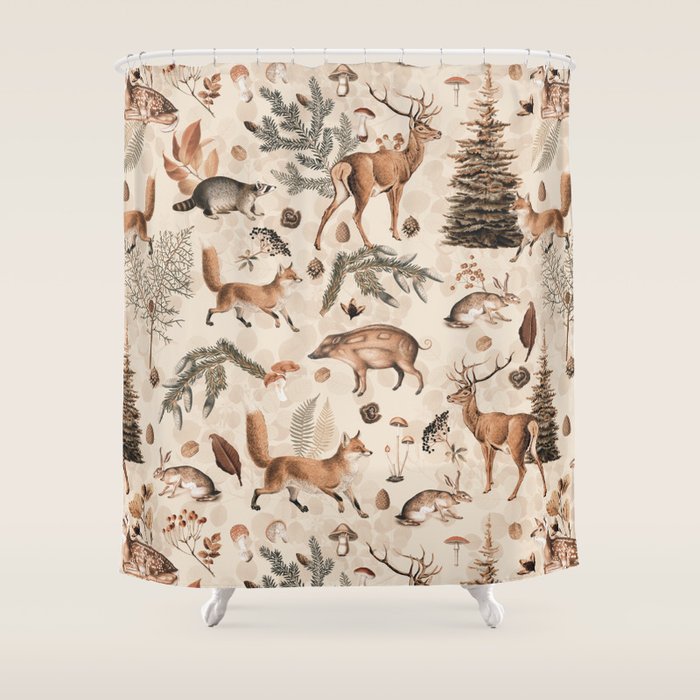 Fall Forest Impression  Wild Animals In Earth Colors Shower Curtain Gallery Image 1