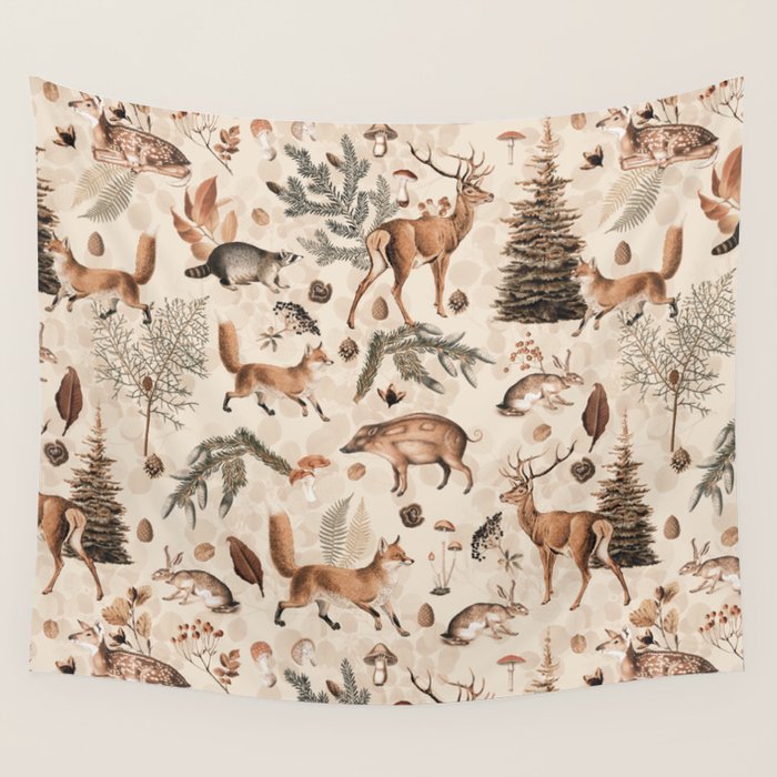 Fall Forest Impression  Wild Animals In Earth Colors Wall Tapestry Gallery Image 4