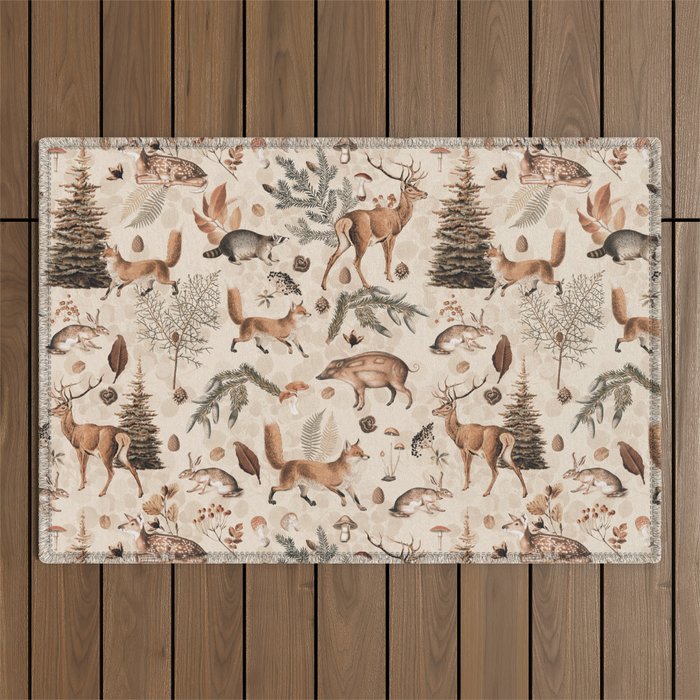 Fall Forest Impression  Wild Animals In Earth Colors Outdoor Rug Gallery Image 1