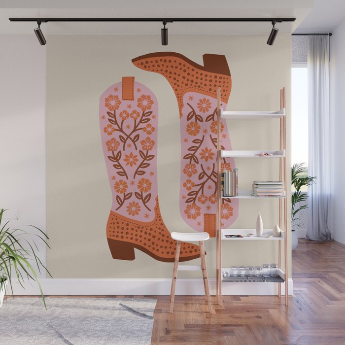 Cowgirl Boots - Pink and Orange Wall Mural Gallery Image 1
