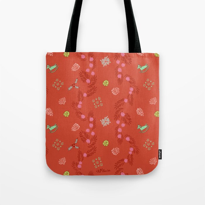 Whimsical Tiny Toys & Pine Branches in Red Tote Bag Gallery Image 1