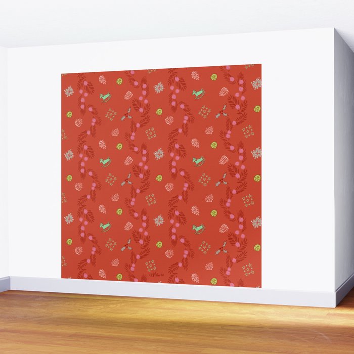 Whimsical Tiny Toys & Pine Branches in Red Wall Mural Gallery Image 2