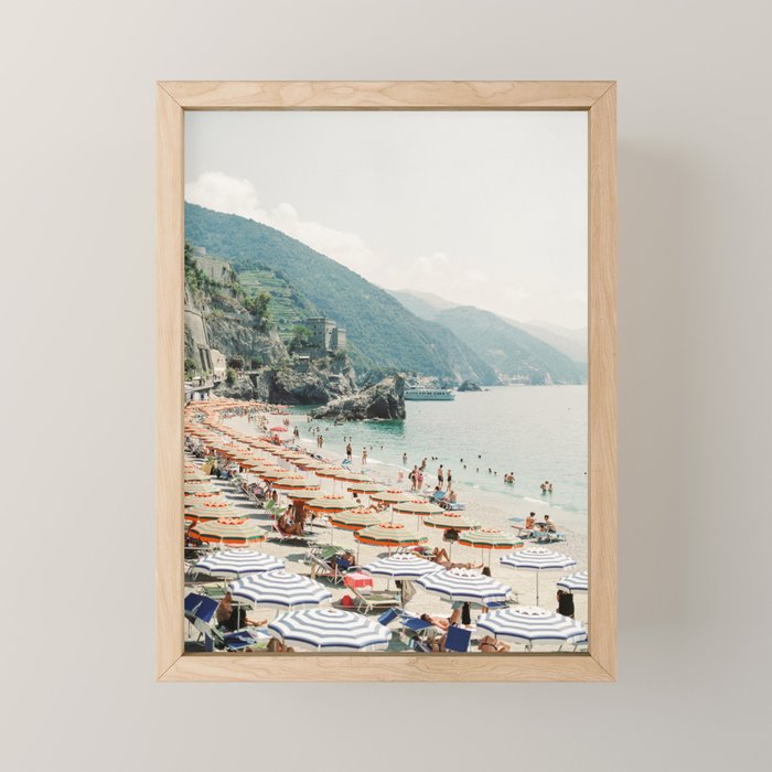 Coastline Monterosso Al Mare on film | Cinque Terre, Italy | Summer in Italy | Beach with umbrellas Mini Art Print Gallery Image 1