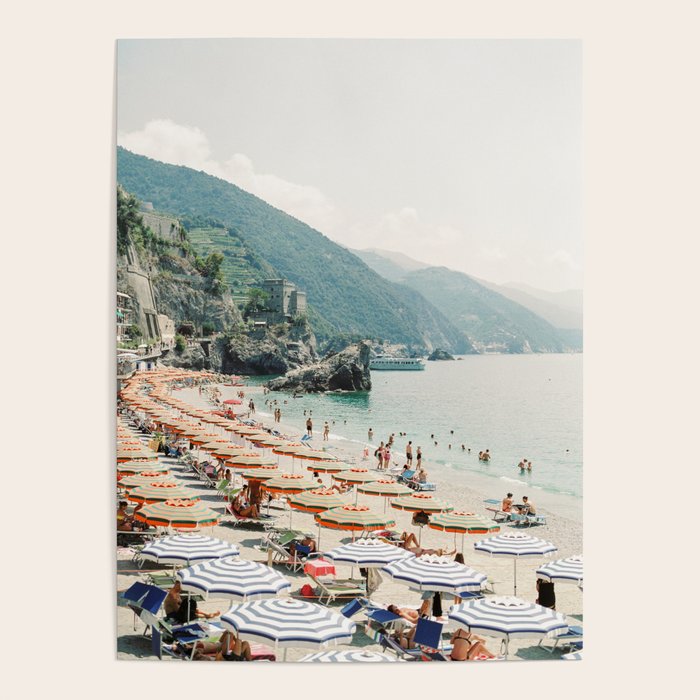 Coastline Monterosso Al Mare on film | Cinque Terre, Italy | Summer in Italy | Beach with umbrellas Poster Gallery Image 1