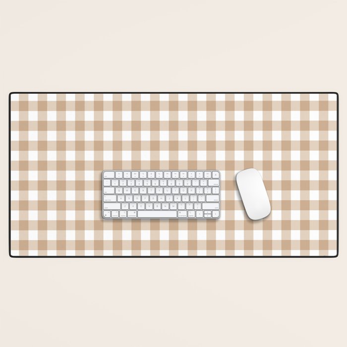 Gingham Plaid Checkered Cottage Pattern in Neutral Light Tan and White Desk Mat Gallery Image 1