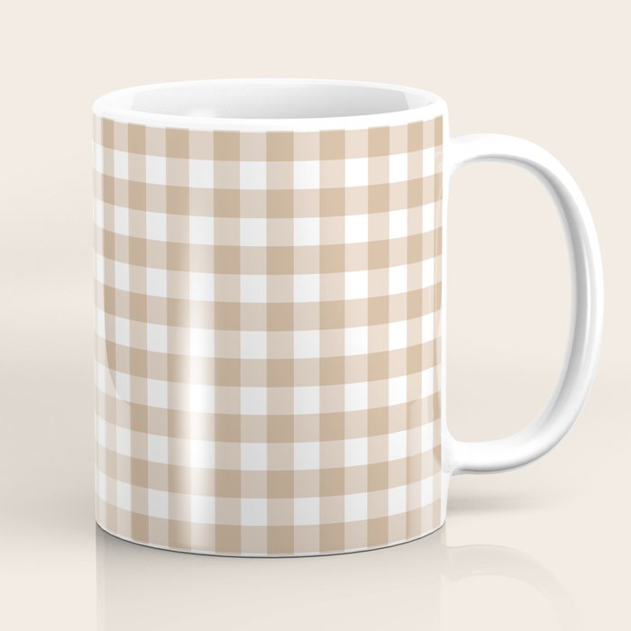 Gingham Plaid Checkered Cottage Pattern in Neutral Light Tan and White Coffee Mug Gallery Image 1