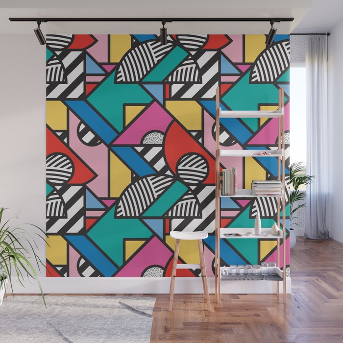 Colorful Memphis Milano Modern Geometric Shapes - 80s 90s retro electroclash pop art Aztec Wall Mural