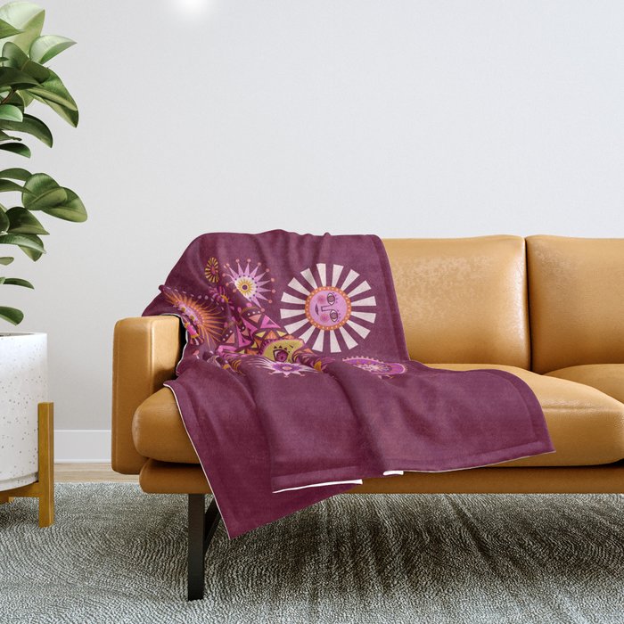 Retro Sun Faces - Pink and Magenta Throw Blanket Gallery Image 1