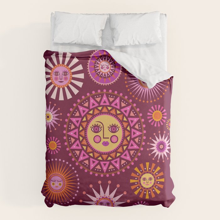 Retro Sun Faces - Pink and Magenta Duvet Cover Gallery Image 1