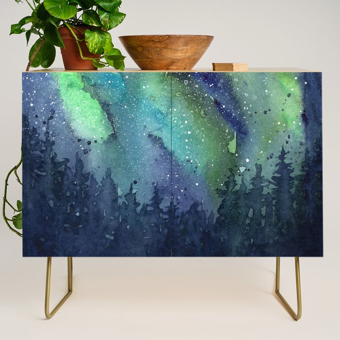 Galaxy Aurora Northern Lights Nebula Space Watercolor Credenza Gallery Image 1