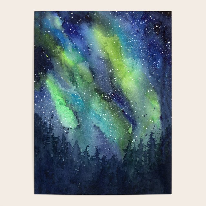 Galaxy Aurora Northern Lights Nebula Space Watercolor Poster Gallery Image 4