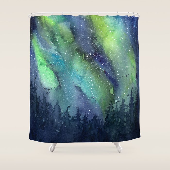 Galaxy Aurora Northern Lights Nebula Space Watercolor Shower Curtain Gallery Image 1