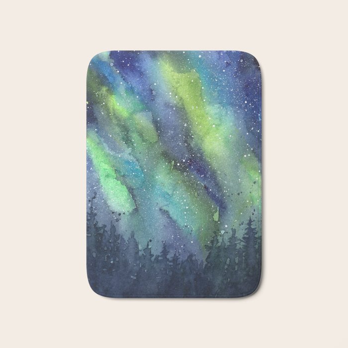 Galaxy Aurora Northern Lights Nebula Space Watercolor Bath Mat Gallery Image 1