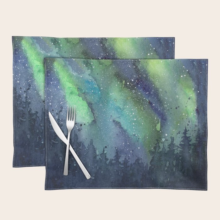 Galaxy Aurora Northern Lights Nebula Space Watercolor Placemat Gallery Image 1