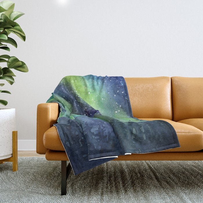 Galaxy Aurora Northern Lights Nebula Space Watercolor Throw Blanket Gallery Image 1
