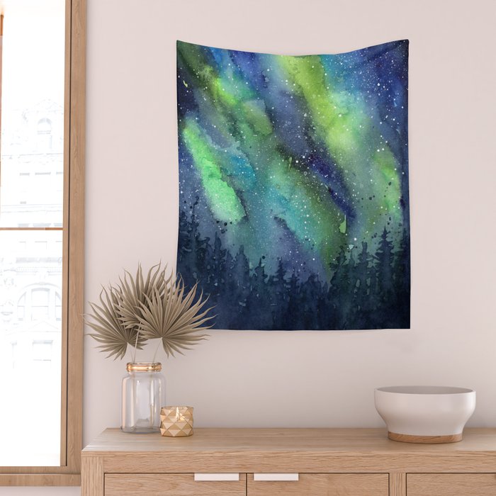 Galaxy Aurora Northern Lights Nebula Space Watercolor Wall Tapestry Gallery Image 2
