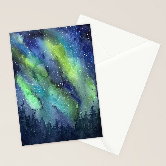 Galaxy Aurora Northern Lights Nebula Space Watercolor Stationery Card Gallery Image 2