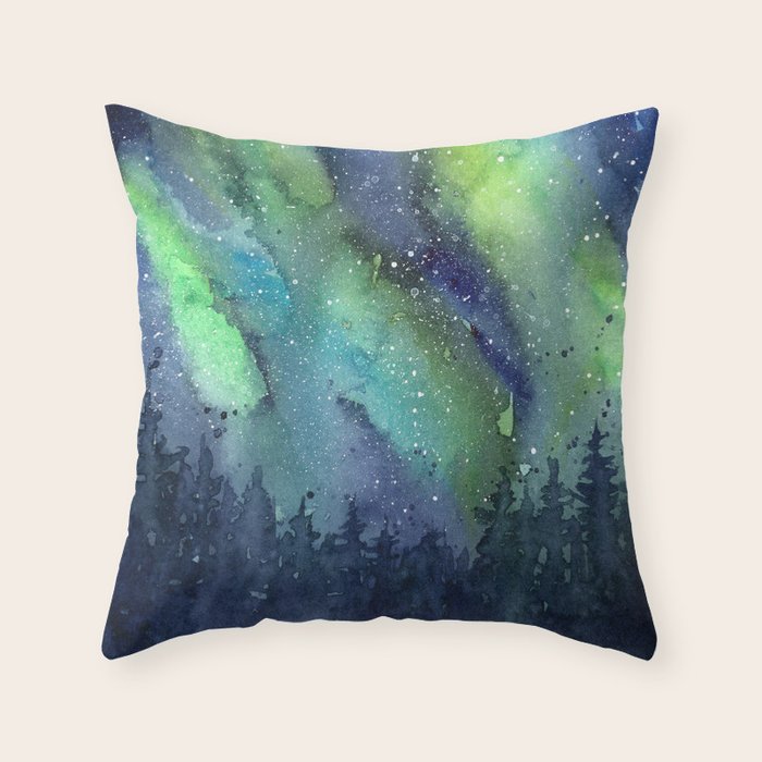 Galaxy Aurora Northern Lights Nebula Space Watercolor Throw Pillow Gallery Image 1