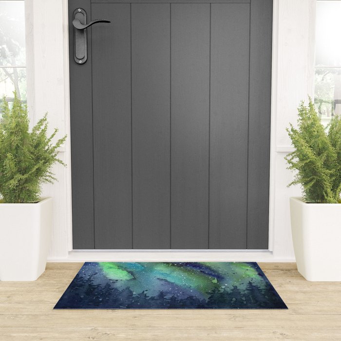 Galaxy Aurora Northern Lights Nebula Space Watercolor Welcome Mat Gallery Image 3