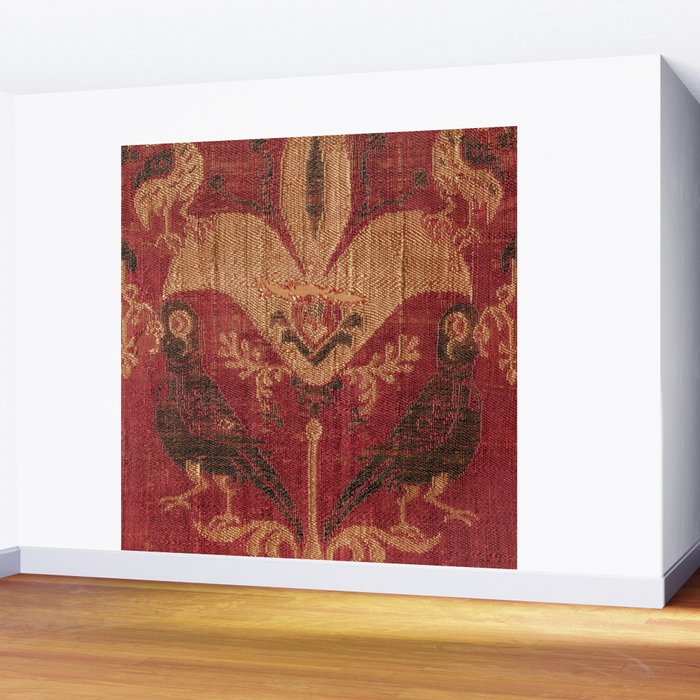 Antique Distressed Red Silk with Palmettes and Birds Wall Mural Gallery Image 2