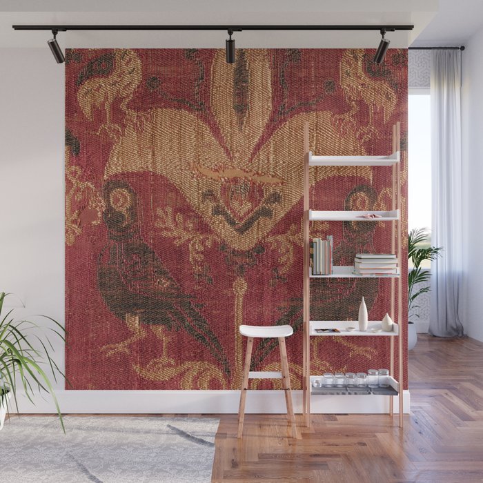 Antique Distressed Red Silk with Palmettes and Birds Wall Mural Gallery Image 1