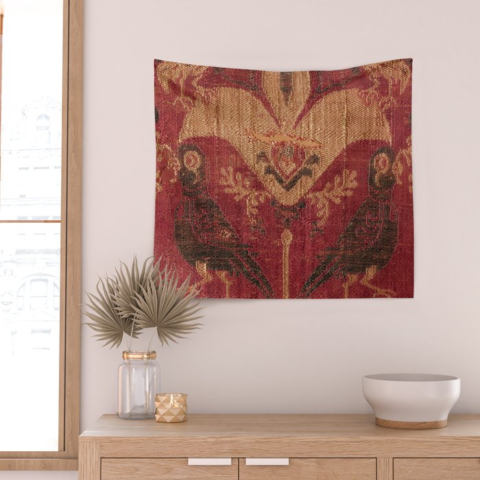 Antique Distressed Red Silk with Palmettes and Birds Wall Tapestry Gallery Image 2