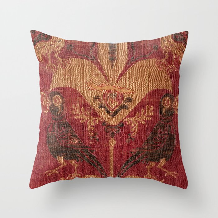 Antique Distressed Red Silk with Palmettes and Birds Throw Pillow Gallery Image 6