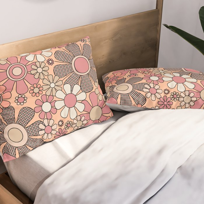 Retro Garden Gingham Flowers Vintage Pattern Peach Mauve Pillow Sham Gallery Image 2