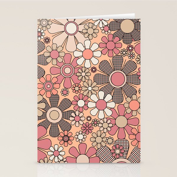 Retro Garden Gingham Flowers Vintage Pattern Peach Mauve Stationery Card Gallery Image 1