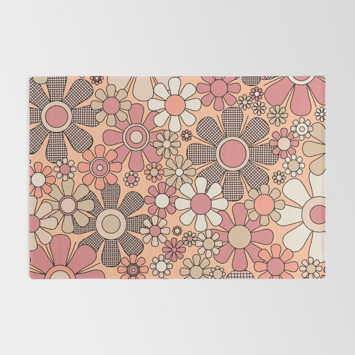 Retro Garden Gingham Flowers Vintage Pattern Peach Mauve Rug Gallery Image 2