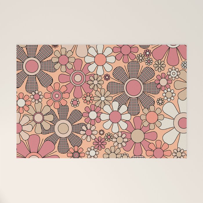 Retro Garden Gingham Flowers Vintage Pattern Peach Mauve Welcome Mat Gallery Image 1