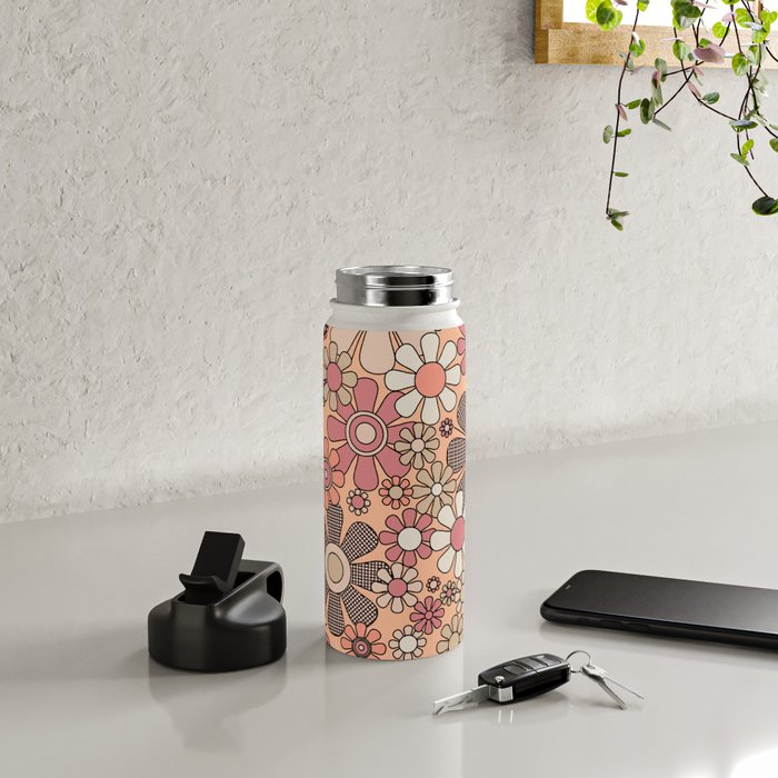 Retro Garden Gingham Flowers Vintage Pattern Peach Mauve Water Bottle Gallery Image 4