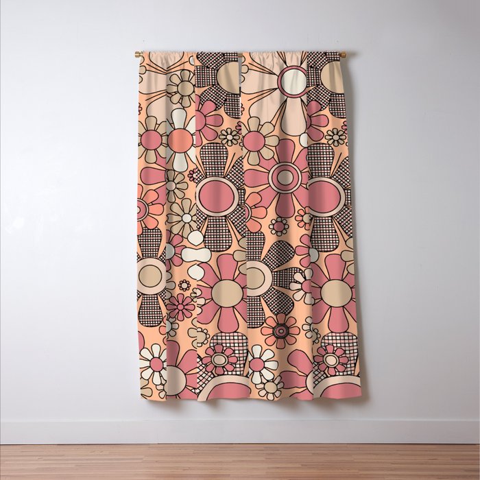 Retro Garden Gingham Flowers Vintage Pattern Peach Mauve Window Curtain Gallery Image 3