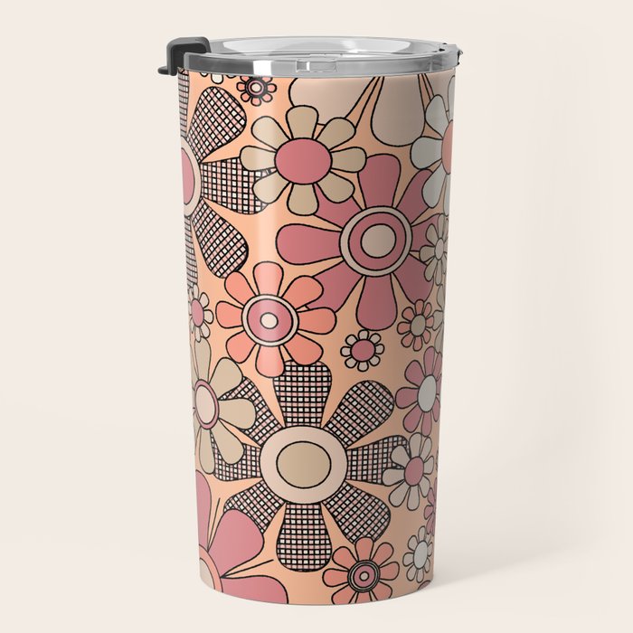 Retro Garden Gingham Flowers Vintage Pattern Peach Mauve Travel Mug Gallery Image 3