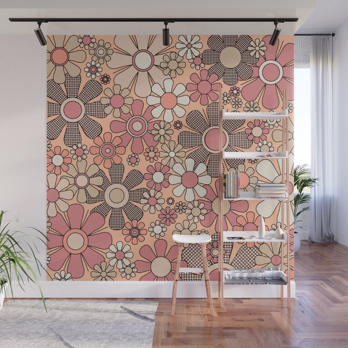 Retro Garden Gingham Flowers Vintage Pattern Peach Mauve Wall Mural Gallery Image 1
