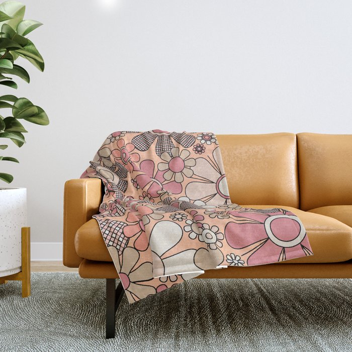 Retro Garden Gingham Flowers Vintage Pattern Peach Mauve Throw Blanket Gallery Image 1