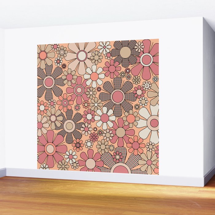 Retro Garden Gingham Flowers Vintage Pattern Peach Mauve Wall Mural Gallery Image 2