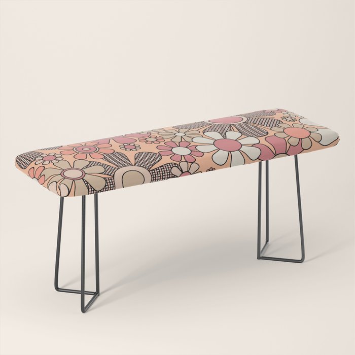 Retro Garden Gingham Flowers Vintage Pattern Peach Mauve Bench Gallery Image 1