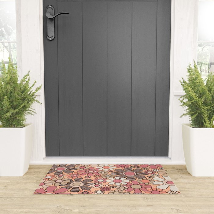 Retro Garden Gingham Flowers Vintage Pattern Peach Mauve Welcome Mat Gallery Image 3