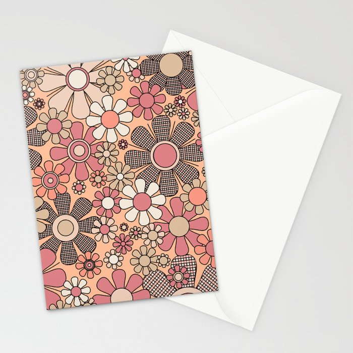 Retro Garden Gingham Flowers Vintage Pattern Peach Mauve Stationery Card Gallery Image 2