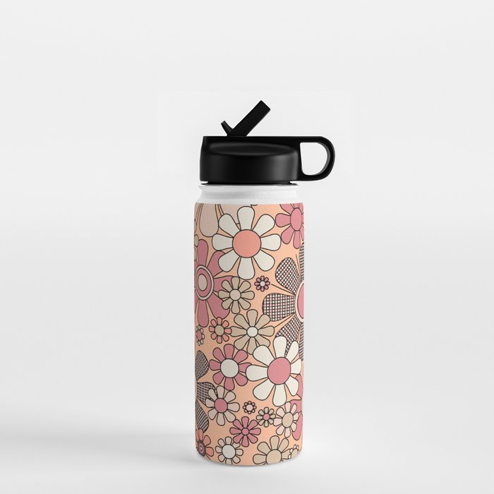Retro Garden Gingham Flowers Vintage Pattern Peach Mauve Water Bottle Gallery Image 1