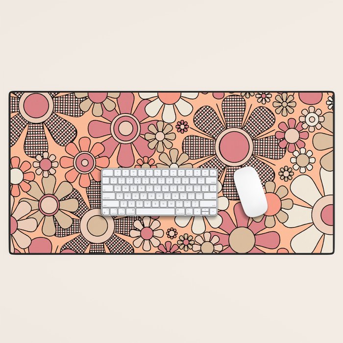 Retro Garden Gingham Flowers Vintage Pattern Peach Mauve Desk Mat Gallery Image 1