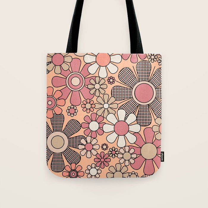 Retro Garden Gingham Flowers Vintage Pattern Peach Mauve Tote Bag Gallery Image 1